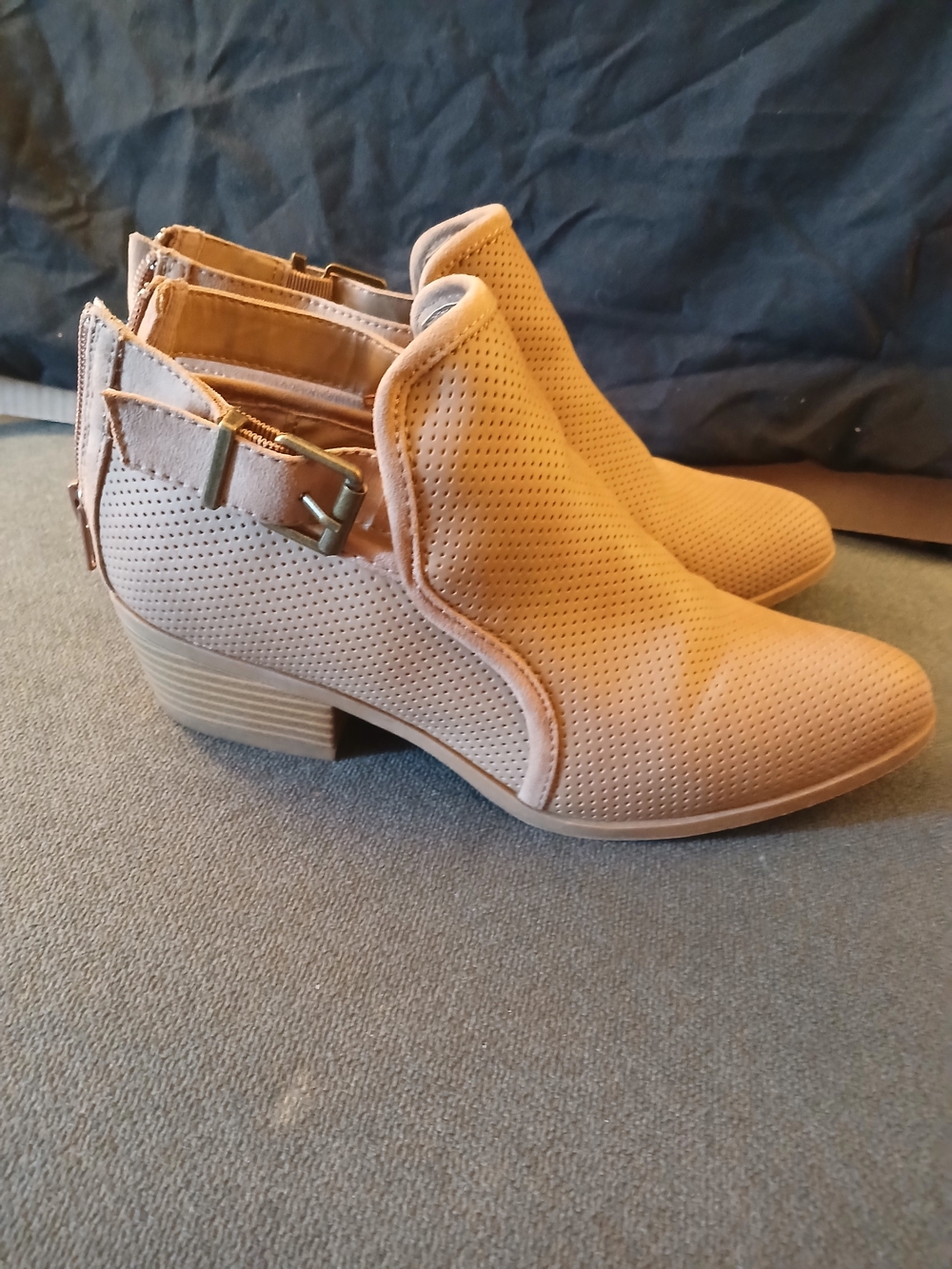 Express Beige Perforated Ankle Booties with Buckle Accent